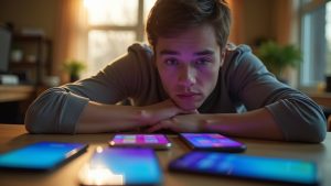 A young adult at a cluttered home office table, focused on several smartphones while trying to manage distracting text messages.