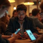 Friends at a modern café focus on their phones, with one person appearing frustrated amid warm lighting and glowing screens.