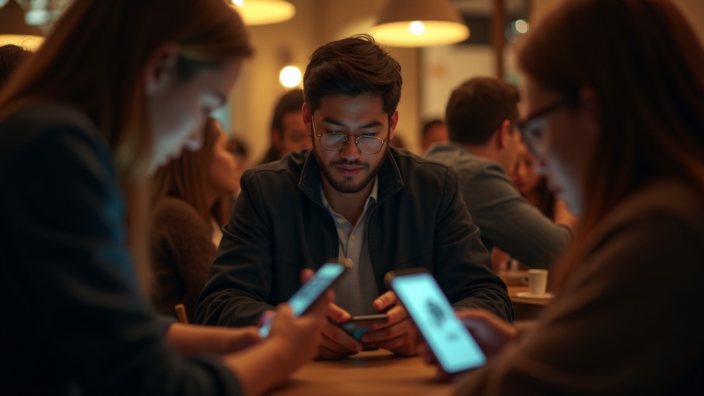Friends at a modern café focus on their phones, with one person appearing frustrated amid warm lighting and glowing screens.