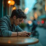 A person in a café closely checks their phone, surrounded by a warm, softly lit atmosphere that contrasts their private focus with the busy street reflected on the screen.
