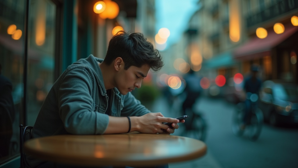A person in a café closely checks their phone, surrounded by a warm, softly lit atmosphere that contrasts their private focus with the busy street reflected on the screen.