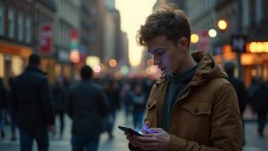 Person at a busy city crosswalk checking their phone with an anxious expression as crowds move in the background during late afternoon light.