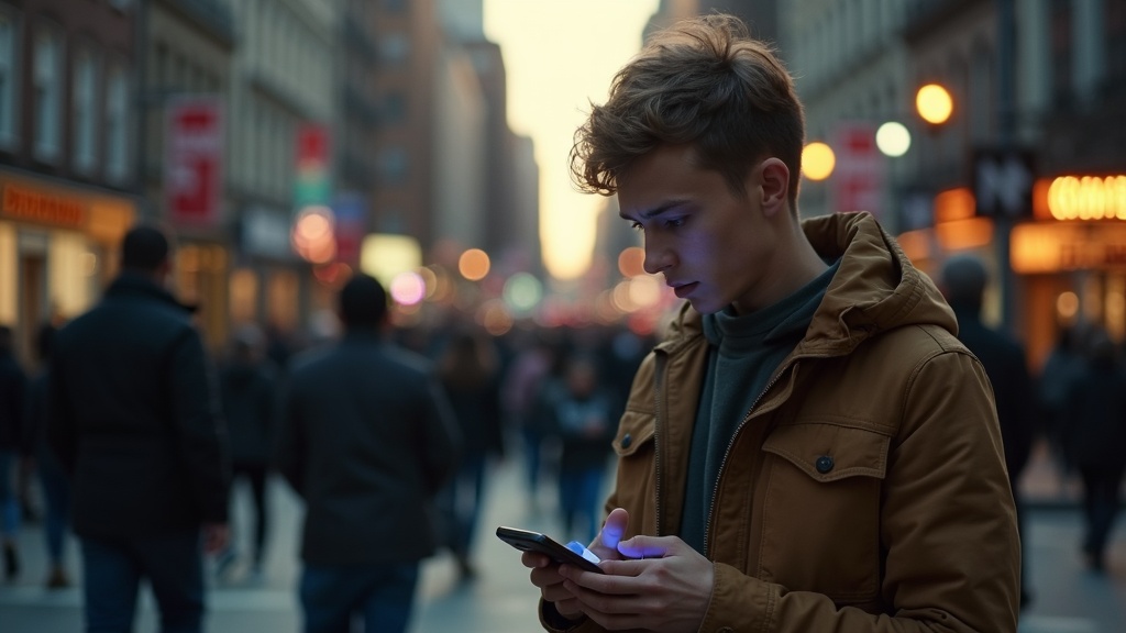 Person at a busy city crosswalk checking their phone with an anxious expression as crowds move in the background during late afternoon light.