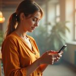 A small business owner in a sunlit office thoughtfully reviews a phone, with a busy workspace in the softly blurred background.