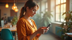 A small business owner in a sunlit office thoughtfully reviews a phone, with a busy workspace in the softly blurred background.
