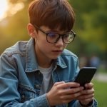Young person on a park bench focused on their smartphone, multiple chat windows reflecting in their glasses, capturing the real experience of switching messaging apps.