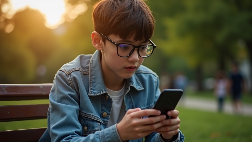 Young person on a park bench focused on their smartphone, multiple chat windows reflecting in their glasses, capturing the real experience of switching messaging apps.