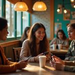 Several young adults absorbed in texting on their phones in a sunlit, colorful café, capturing the ease and simplicity of modern messaging.