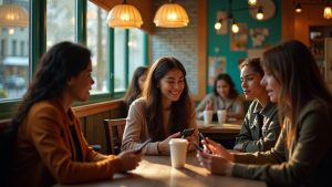 Several young adults absorbed in texting on their phones in a sunlit, colorful café, capturing the ease and simplicity of modern messaging.