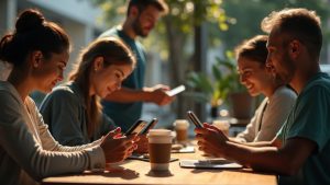 People of diverse backgrounds using smartphones with different accessibility settings in a cozy urban café, each focused on their own screen and personal preferences.