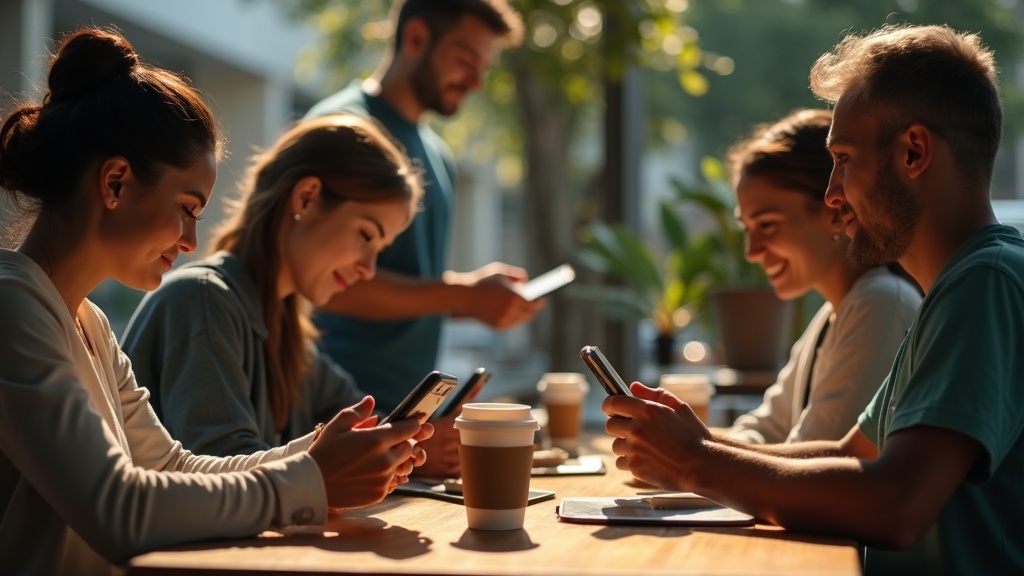 People of diverse backgrounds using smartphones with different accessibility settings in a cozy urban café, each focused on their own screen and personal preferences.