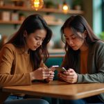 Two people at a small cafe table focused on their phones, lit by soft afternoon sunlight, highlighting tension as they weigh messaging privacy choices.