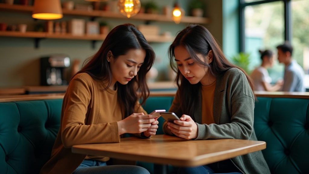 Two people at a small cafe table focused on their phones, lit by soft afternoon sunlight, highlighting tension as they weigh messaging privacy choices.