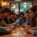 A group of diverse people at a busy café, each focused on their phones, displaying varied reactions that capture the frustrations and confusion of group chats.