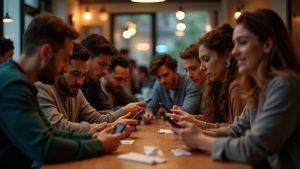 A group of diverse people at a busy café, each focused on their phones, displaying varied reactions that capture the frustrations and confusion of group chats.