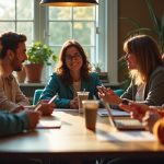 A small team collaborates around a wooden table in a sunlit, cozy workspace, some members reading SMS alerts on their phones while others discuss solutions.