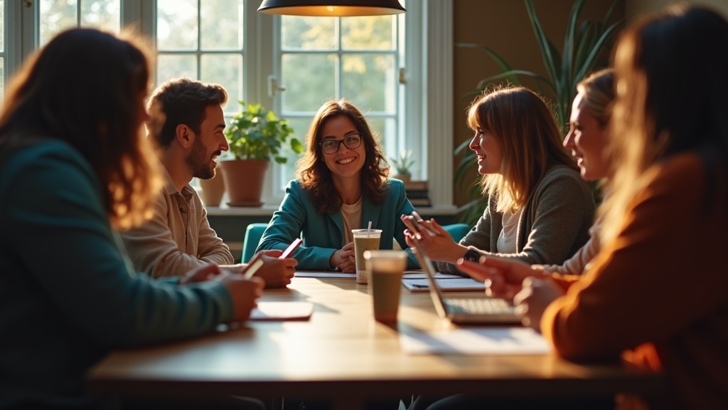 A small team collaborates around a wooden table in a sunlit, cozy workspace, some members reading SMS alerts on their phones while others discuss solutions.