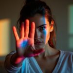 Person shielding their face from harsh sunlight indoors, expressing irritation as shifting colored light and subtle motion create a sense of frustration with interruptions.