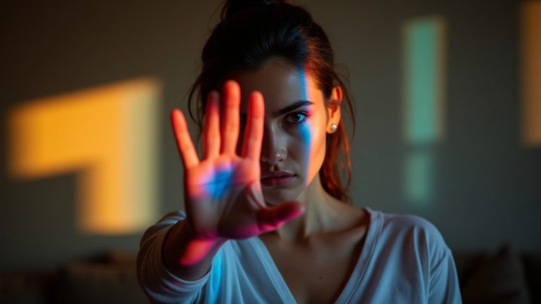 Person shielding their face from harsh sunlight indoors, expressing irritation as shifting colored light and subtle motion create a sense of frustration with interruptions.