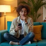 Young professional on a teal couch thoughtfully holding a smartphone, surrounded by blurred motion of people in a cozy urban apartment, highlighting modern concerns about digital privacy.