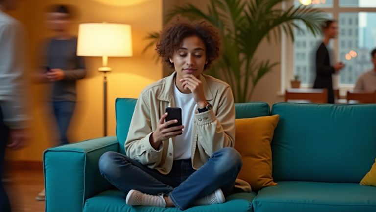 Young professional on a teal couch thoughtfully holding a smartphone, surrounded by blurred motion of people in a cozy urban apartment, highlighting modern concerns about digital privacy.
