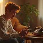 A person in a warmly lit living room looks thoughtfully at a rotary phone while holding a smartphone, highlighting the confusion of texting a landline.