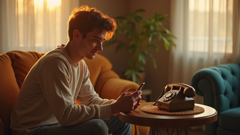 A person in a warmly lit living room looks thoughtfully at a rotary phone while holding a smartphone, highlighting the confusion of texting a landline.