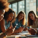 Young professionals in a lively modern office exchanging feedback via smartphones, their faces focused as they share and discuss messages together.