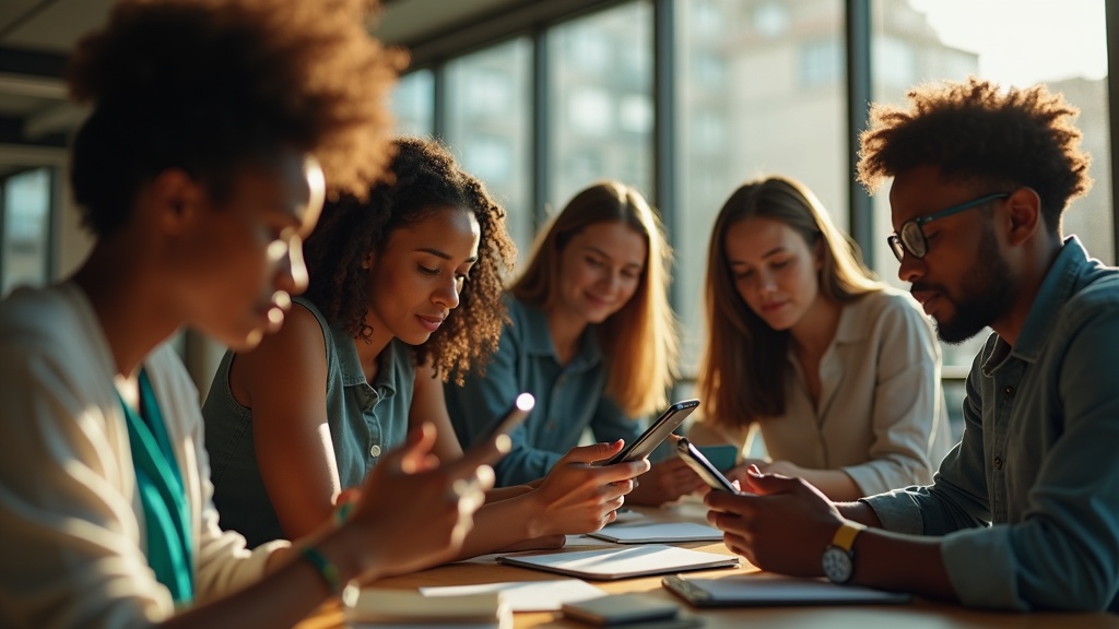 Young professionals in a lively modern office exchanging feedback via smartphones, their faces focused as they share and discuss messages together.