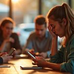 A frustrated person sits apart at a café table, disconnected from friends who are absorbed in their phones amid a warm, busy atmosphere.