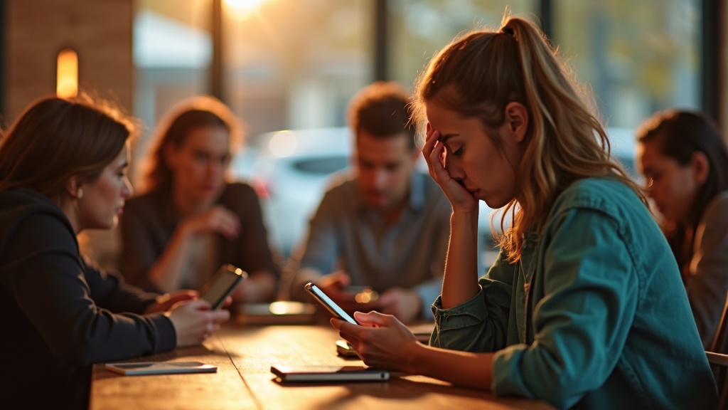 A frustrated person sits apart at a café table, disconnected from friends who are absorbed in their phones amid a warm, busy atmosphere.