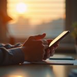 Hands holding a smartphone in a softly lit office, golden light and shadows emphasizing a private work environment.