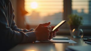 Hands holding a smartphone in a softly lit office, golden light and shadows emphasizing a private work environment.