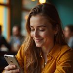 A focused person in a sunlit cafe prepares to send a scheduled text message, immersed in their smartphone amid warm, inviting surroundings.