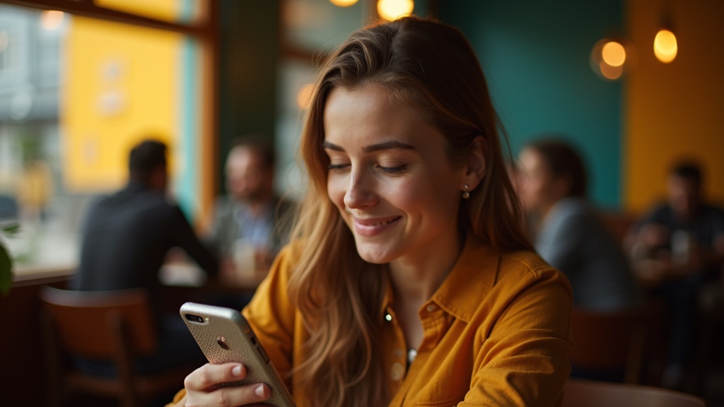 A focused person in a sunlit cafe prepares to send a scheduled text message, immersed in their smartphone amid warm, inviting surroundings.