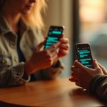 Person at a café table holding two phones with message notifications, thoughtfully comparing text status on each device