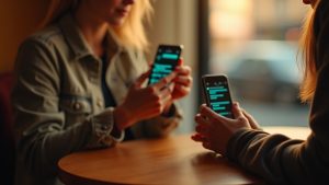 Person at a café table holding two phones with message notifications, thoughtfully comparing text status on each device