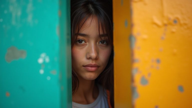 A cautious young adult in a city setting peers through a narrow gap between vibrant teal and amber walls, symbolizing personal privacy concerns amid contrasting visual tones.