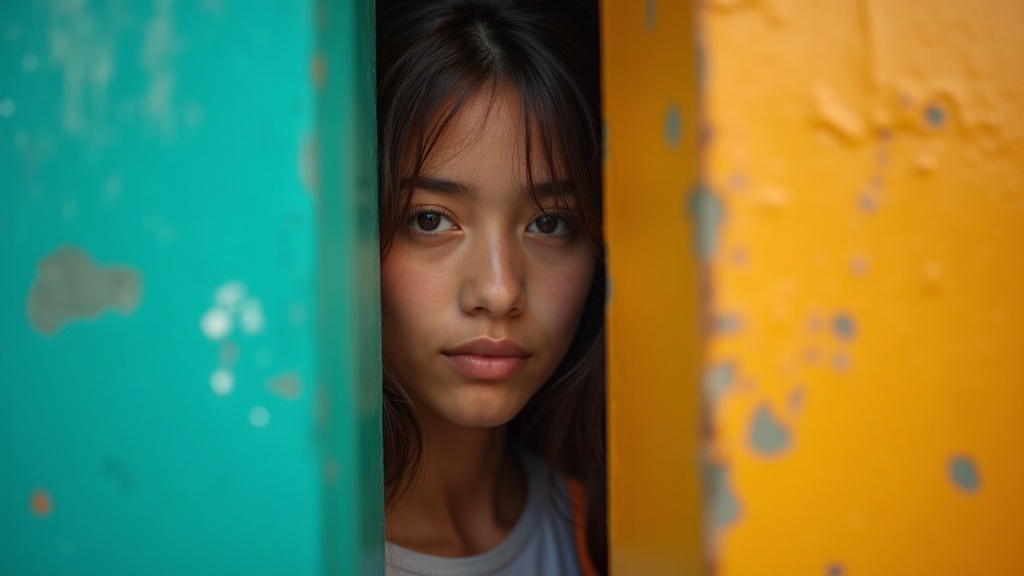 A cautious young adult in a city setting peers through a narrow gap between vibrant teal and amber walls, symbolizing personal privacy concerns amid contrasting visual tones.