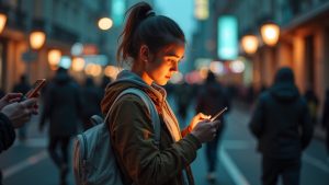 A young adult reacts with curiosity and surprise while reading a text on a city street, highlighted against a vibrant urban evening scene with blurred crowds.