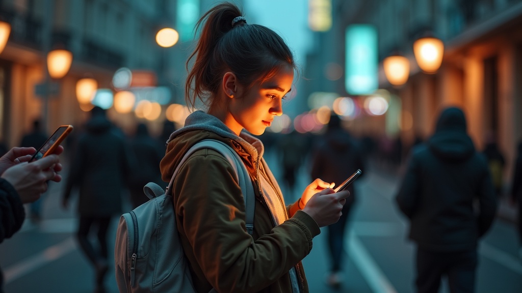 A young adult reacts with curiosity and surprise while reading a text on a city street, highlighted against a vibrant urban evening scene with blurred crowds.