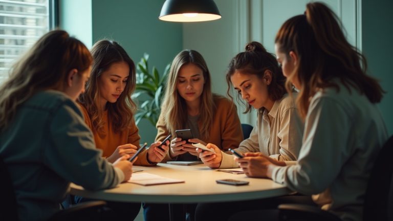 A small group of people sits closely around a cozy office table, each focused on their phones and sharing thoughtful glances, blending teamwork with digital communication in a warm, inviting space.