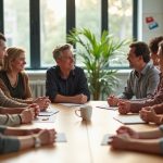A diverse group of people of all ages engaged in animated conversation around a large wooden table in a brightly lit co-working space.