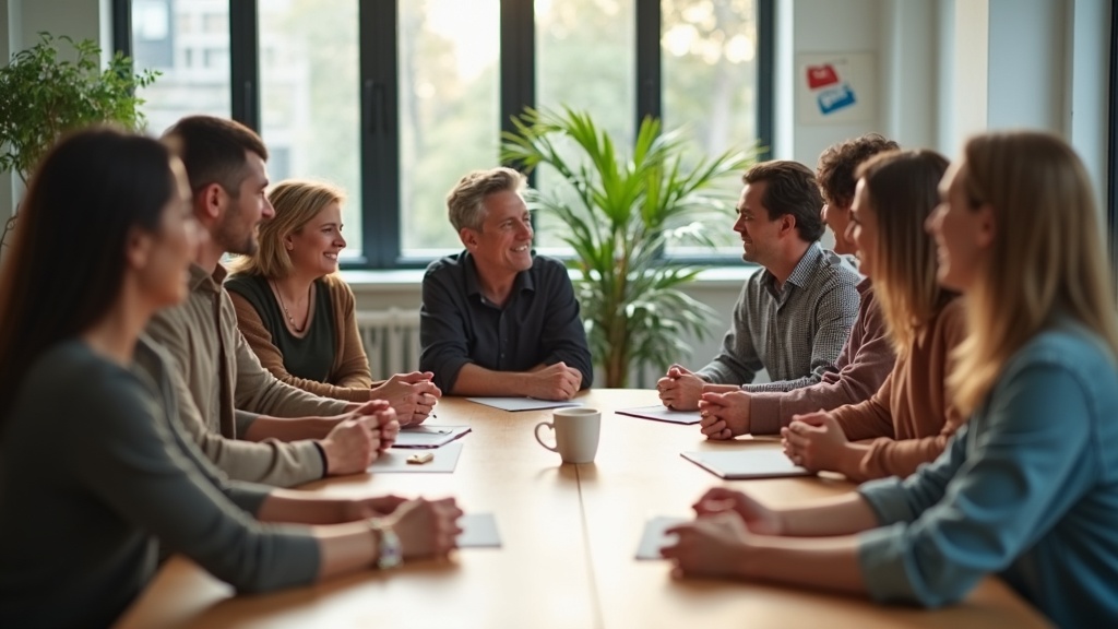 A diverse group of people of all ages engaged in animated conversation around a large wooden table in a brightly lit co-working space.