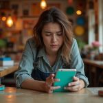 A small business owner intently checking their smartphone at a cluttered, creative workspace, highlighting the importance of secure SMS updates.