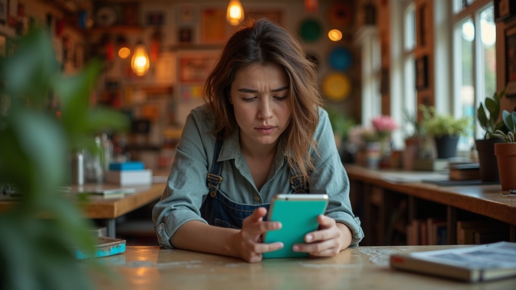 A small business owner intently checking their smartphone at a cluttered, creative workspace, highlighting the importance of secure SMS updates.