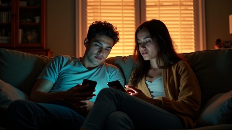Two young adults sitting by a window in warm afternoon light, both focused on their smartphones, highlighting thoughtful conversations about digital privacy.