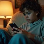 Young adult sitting on a beige sofa texting on a smartphone with a look of curious concern, illuminated by warm ambient lighting suggesting digital interaction.