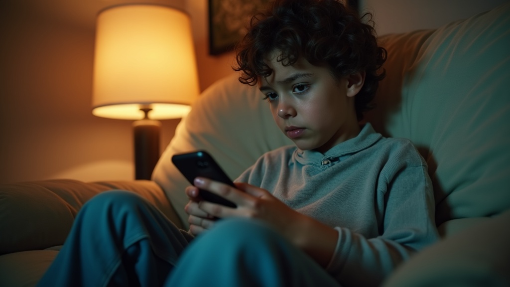 Young adult sitting on a beige sofa texting on a smartphone with a look of curious concern, illuminated by warm ambient lighting suggesting digital interaction.