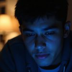 A concerned young adult indoors at night studies a phone screen, illuminated by warm and cool lighting that highlights their alert and thoughtful expression.